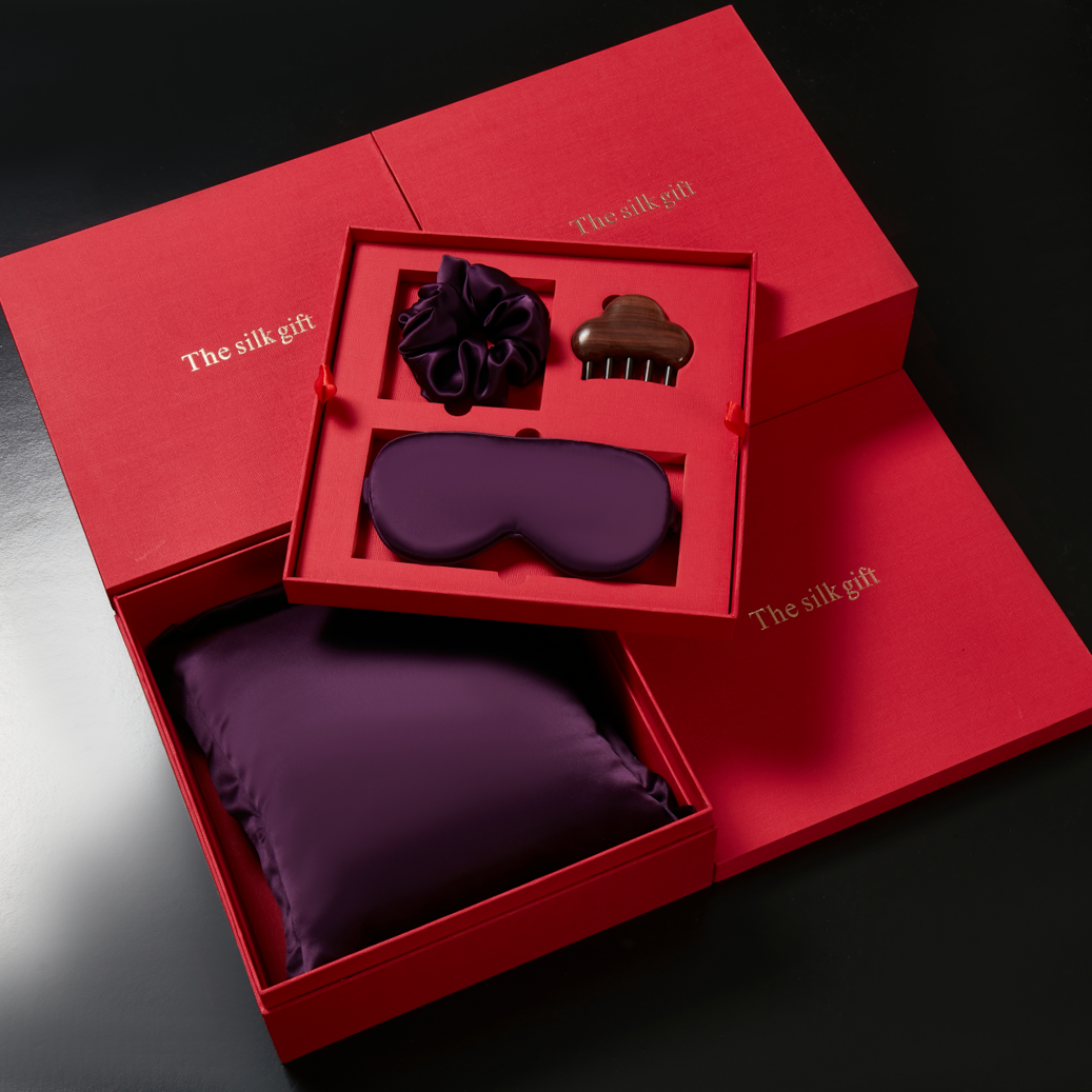 Red silk gift box with accessories